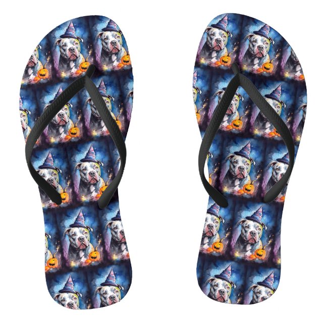 Halloween American Staffordshire With Pumpkins Thongs (Footbed)