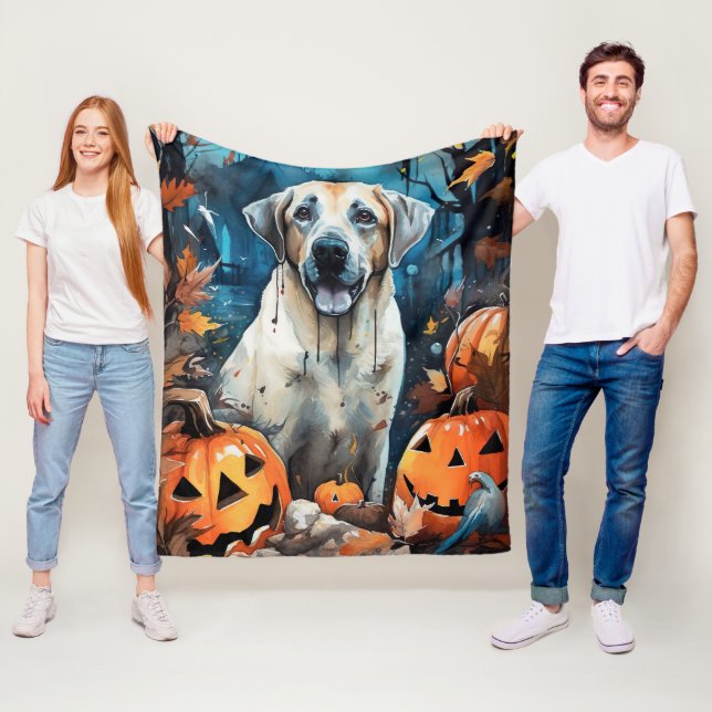Halloween Anatolian Shepherd With Pumpkins Scary Fleece Blanket (In Situ)