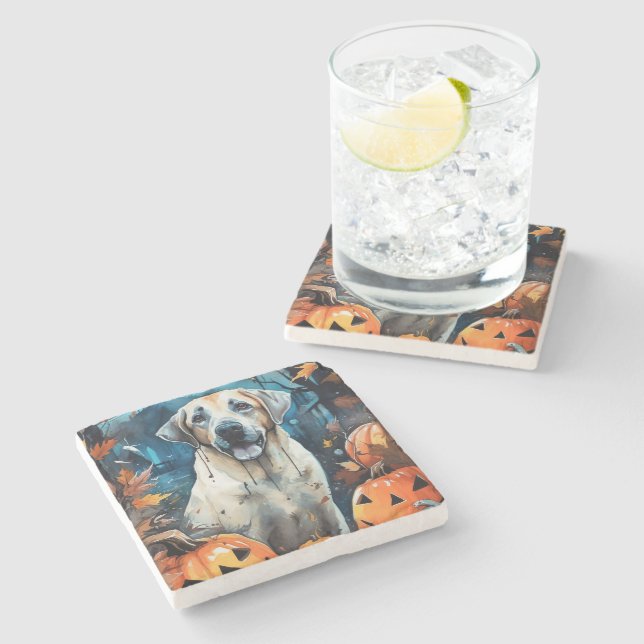 Halloween Anatolian Shepherd With Pumpkins Scary Stone Coaster (Side)