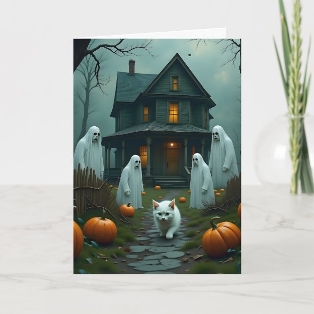 Halloween and the White Kitten Card (Front)