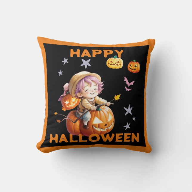 Halloween Anime Boy on a Pumpkin Cushion (Front)
