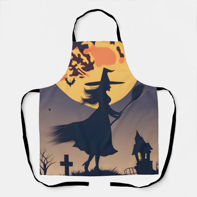 Halloween Aprons, Witch With Broom Blood Moon  Apron (Front)