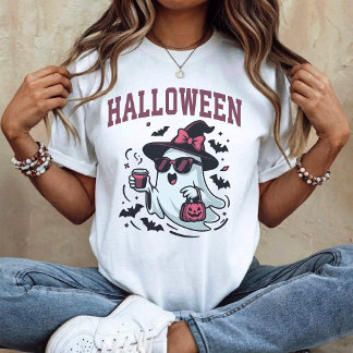 Halloween Arch - Cute Ghost holding Coffee Pink T-Shirt
