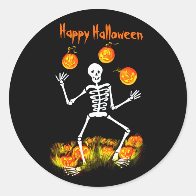 Halloween Art Stickers, skeleton,Jack-O-Lanterns Classic Round Sticker (Front)