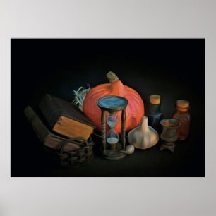 Halloween attributes prepared on a table poster