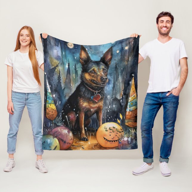 Halloween Australian Kelpie With Pumpkins Scary Fleece Blanket (In Situ)