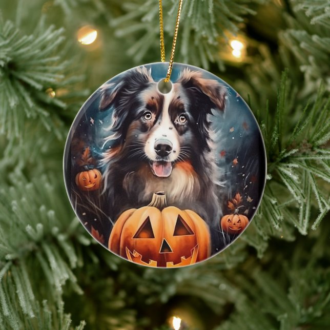 Halloween Australian Shepherd With Pumpkins Scary Ceramic Ornament (Tree)