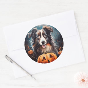 Halloween Australian Shepherd With Pumpkins Scary Classic Round Sticker