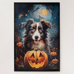 Halloween Australian Shepherd With Pumpkins Scary Jigsaw Puzzle