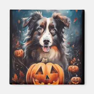 Halloween Australian Shepherd With Pumpkins Scary Magnet