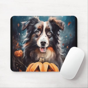 Halloween Australian Shepherd With Pumpkins Scary Mouse Pad