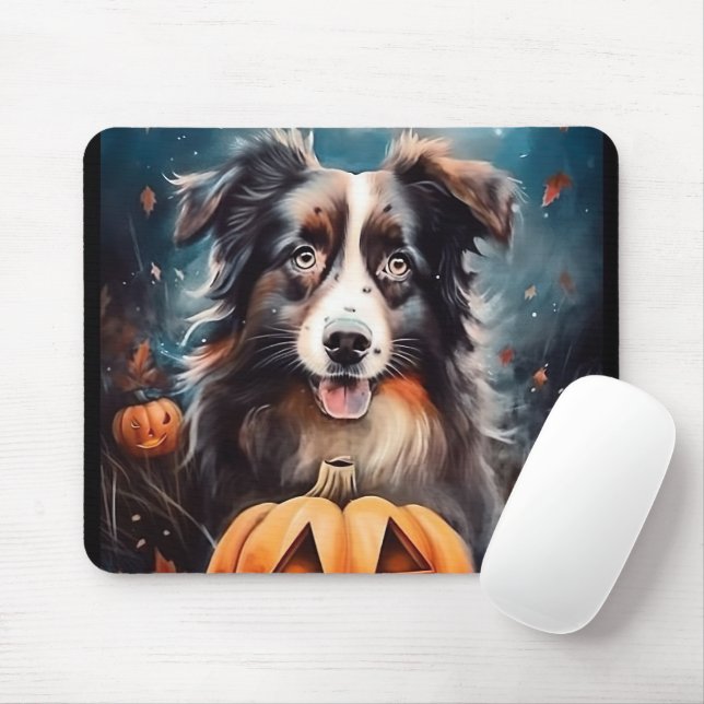 Halloween Australian Shepherd With Pumpkins Scary Mouse Pad (With Mouse)