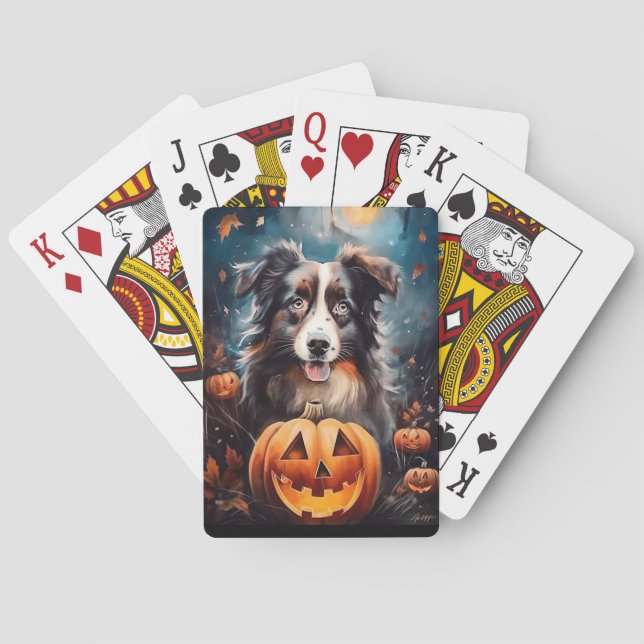 Halloween Australian Shepherd With Pumpkins Scary Playing Cards (Back)