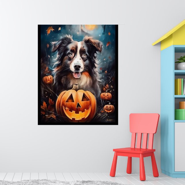 Halloween Australian Shepherd With Pumpkins Scary Poster (Nursery 1)