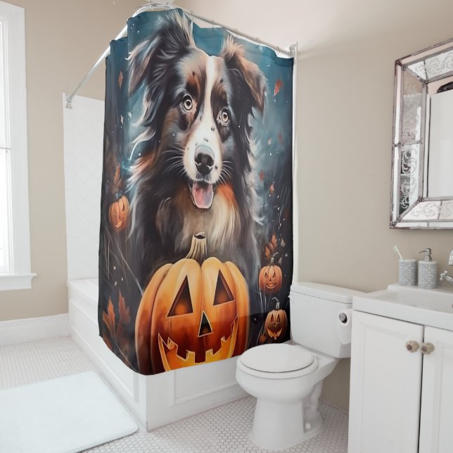 Halloween Australian Shepherd With Pumpkins Scary Shower Curtain (In Situ)