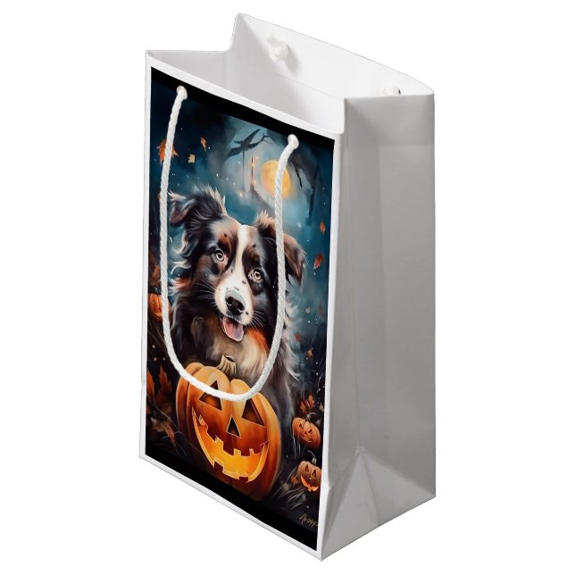 Halloween Australian Shepherd With Pumpkins Scary Small Gift Bag (Front Angled)