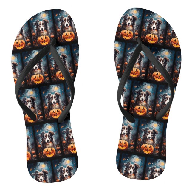 Halloween Australian Shepherd With Pumpkins Scary Thongs (Footbed)