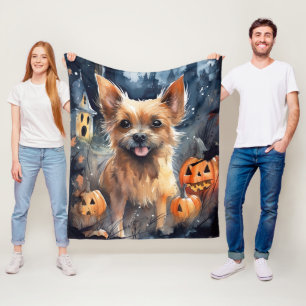Halloween Australian Terrier With Pumpkins Scary Fleece Blanket