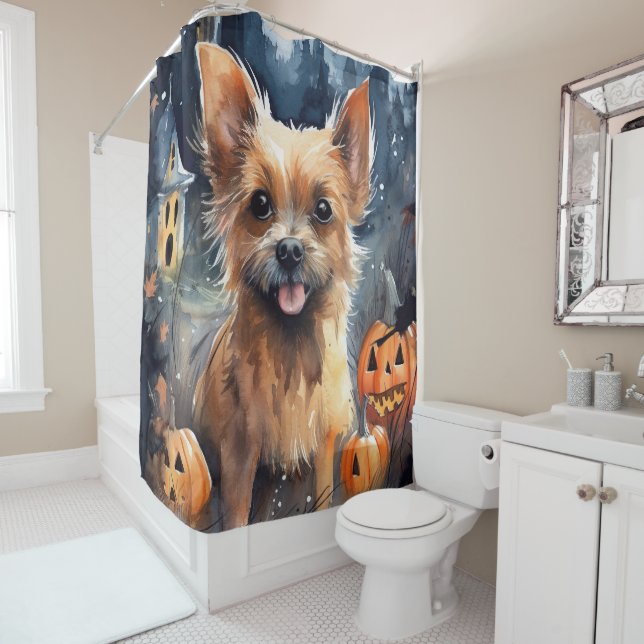 Halloween Australian Terrier With Pumpkins Scary  Shower Curtain (In Situ)