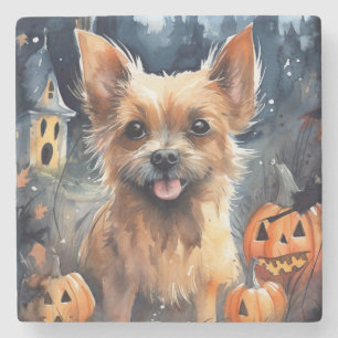 Halloween Australian Terrier With Pumpkins Scary Stone Coaster