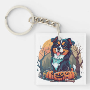 Halloween Autumn Bernese Mountain Dog with Pumpkin Key Ring