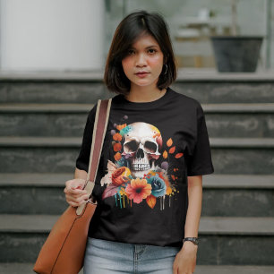 Halloween Autumn Flowers and Gothic Skull T-Shirt