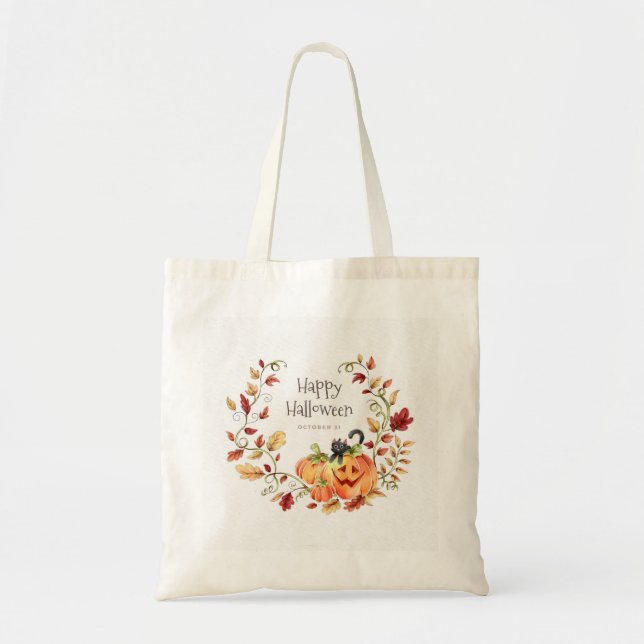 Halloween Autumn Foliage, Black Cat and Pumpkins  Tote Bag (Front)