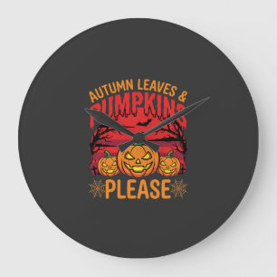 Halloween Autumn Leaves and Pumpkins Please Design Large Clock