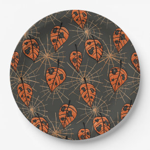 Halloween Autumn Leaves and Spiderwebs Paper Plate