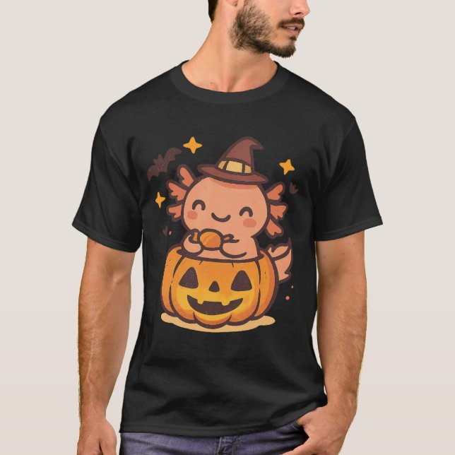 Halloween Axolotl Witch Cute Kawaii Ghost Pumpkin  T-Shirt (Front)