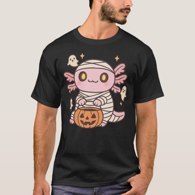 Halloween Axolotl Witch Mummy Kawaii Ghost Pumpkin T-Shirt (Front)