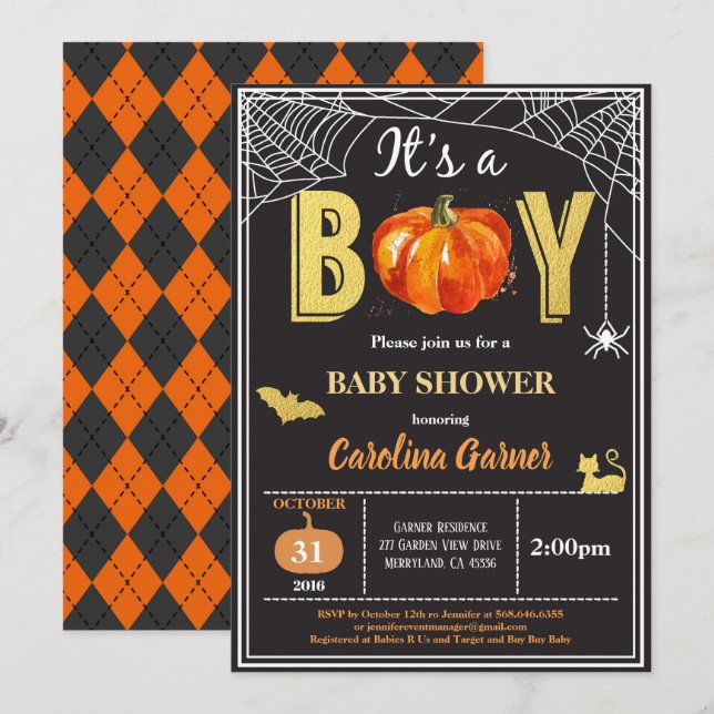 Halloween baby boy shower invitation. Black gold Invitation (Front/Back)
