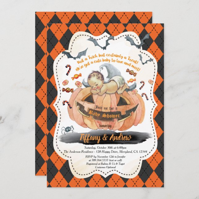 Halloween baby boy shower invitation. Boy / girl Invitation (Front/Back)