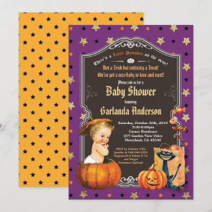 Halloween baby boy shower purple gold chalkboard invitation
