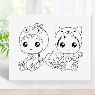 Halloween Baby Cat Dragon Costume Colouring Page Rubber Stamp