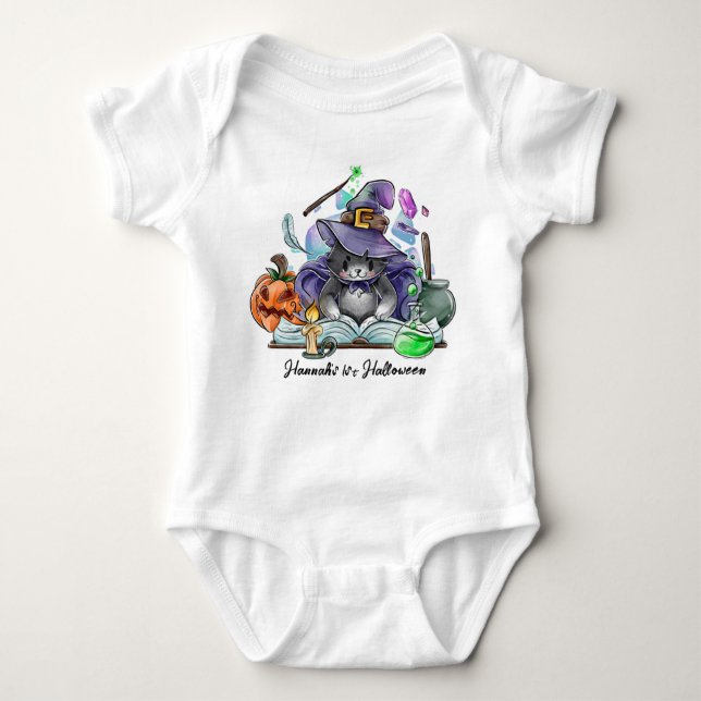 Halloween Baby Cute Cat Witch Personalised Name Baby Bodysuit (Front)