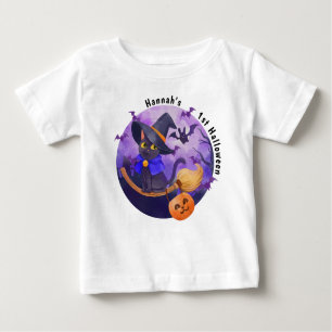 Halloween Baby Cute Cat Witch Personalised Name Baby T-Shirt