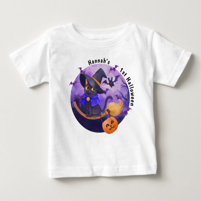 Halloween Baby Cute Cat Witch Personalised Name Baby T-Shirt (Front)