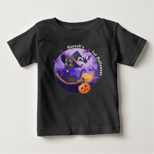 Halloween Baby Cute Cat Witch Personalised Name T-Shirt