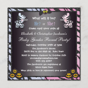 Halloween Baby Gender Reveal Zebras & Pumpkins Invitation