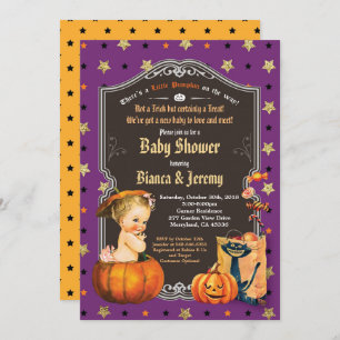 Halloween baby girl couples shower purple gold invitation