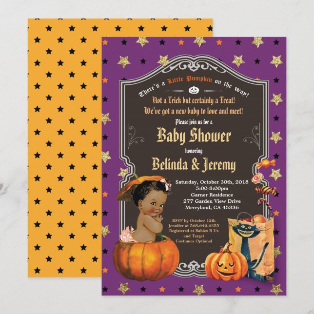 Halloween baby girl shower little pumpkin purple invitation (Front/Back)