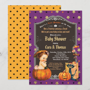 Halloween baby girl shower purple gold orange invitation