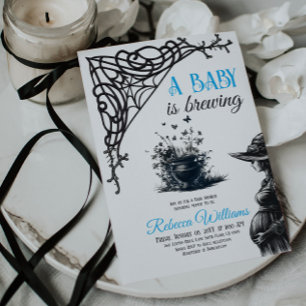 Halloween Baby is Brewing Blue Boy Baby Shower Invitation