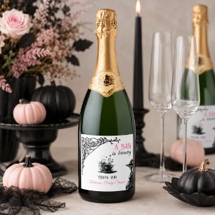 Halloween Baby is Brewing Pink Girl Baby Shower Sparkling Wine Label