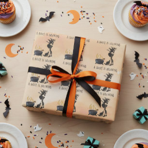Halloween Baby Is Brewing Witch Shower Orange Wrapping Paper