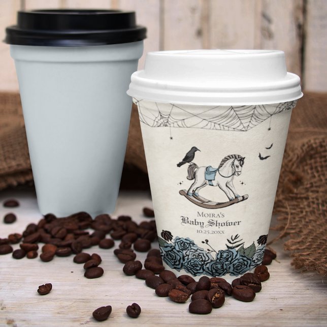 Halloween Baby Shower Blue Spooky Rocking Horse Paper Cups (Gothic Baby Shower. Hand Drawn Vintage Pink Rocking Horse, Black Raven, Spiderwebs, Bats, Blue Roses)