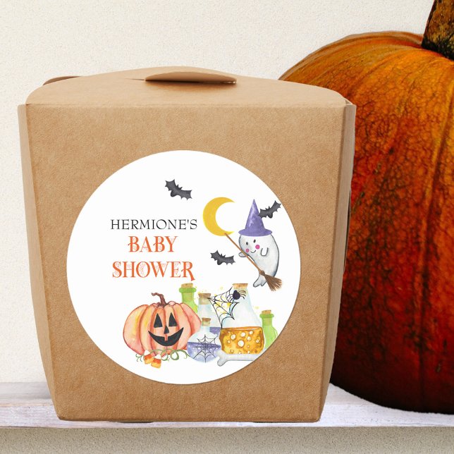 Halloween Baby Shower Ghost and Magic Potion  Classic Round Sticker (Stickers for Halloween baby shower with cute witchy ghost, spooky lettering and baby making potions)