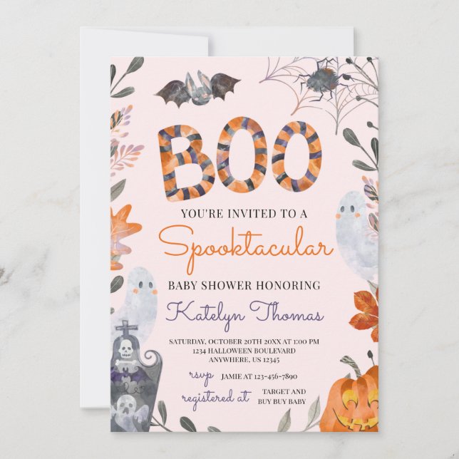 Halloween Baby Shower Invitation with Ghosts (Front)
