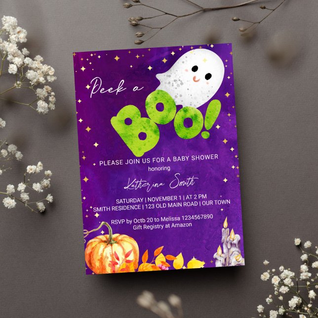 Halloween baby shower peek a boo cute baby ghost  invitation (Halloween peek a boo baby shower template invitation cute baby ghost pumpkin purple green and orange)